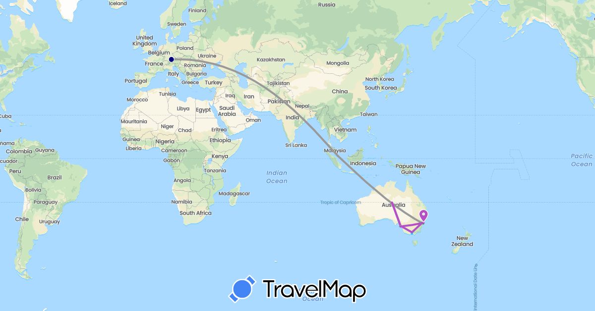 TravelMap itinerary: driving, bus, plane, train, boat in Australia, Germany, Singapore (Asia, Europe, Oceania)